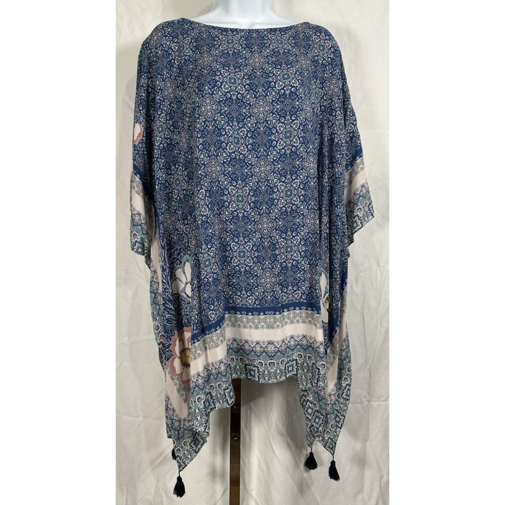 J. Jill Women’s Kimono Blouse Chic One Size Boat Neck Blue Lagenlook Flowy Top